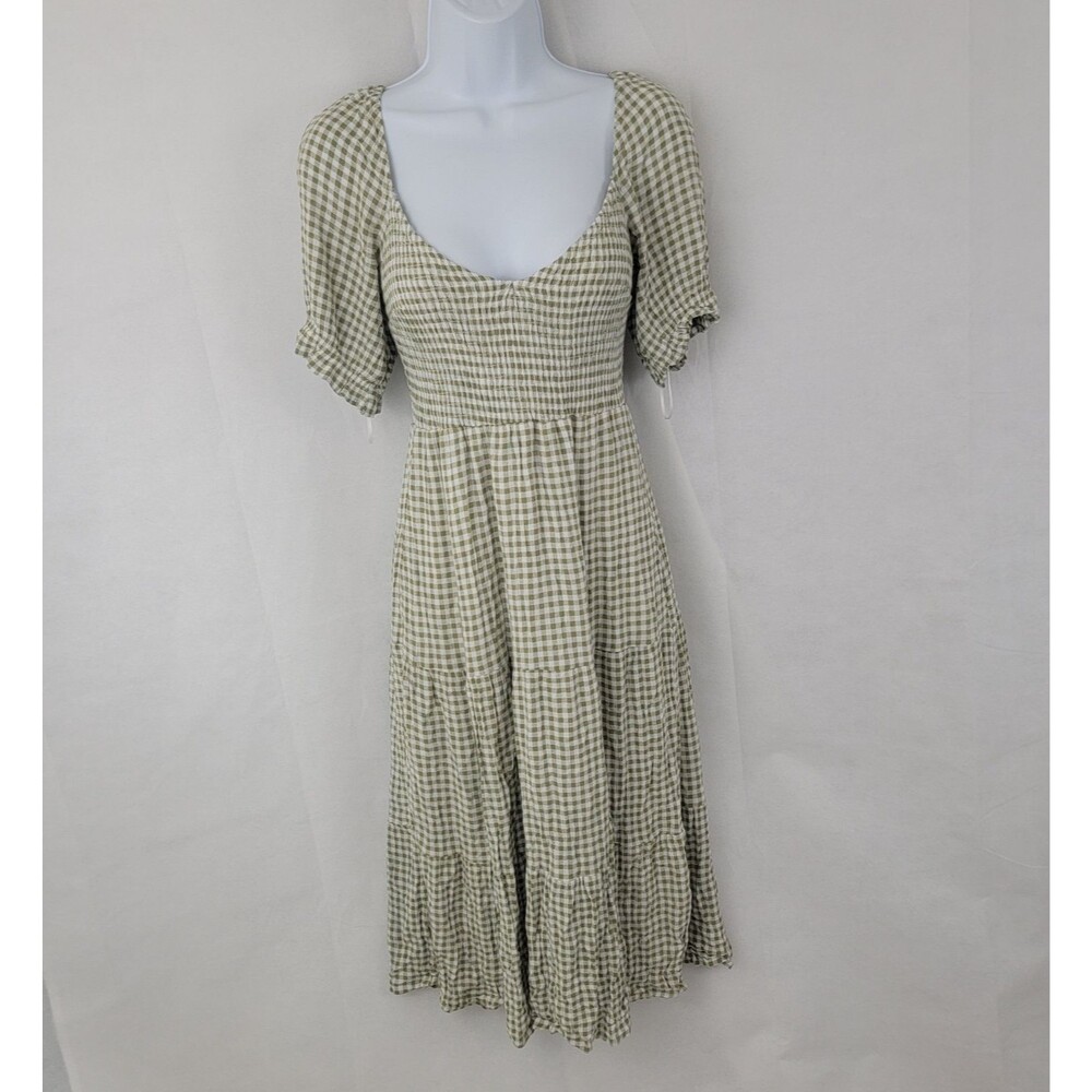 ABERCROMBIE & FITCH Womens Midi Dress M Gingham Olive GREEN Smocked Puff Sleeve